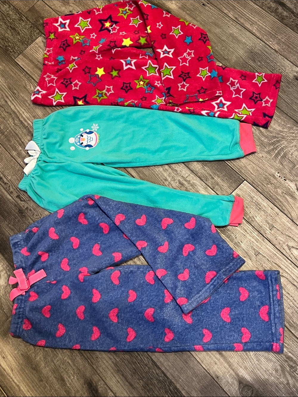 Kids Fleece Pajama Pants - Pink Star, Mint penguin, Blue Heart